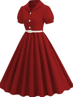 Clearance Retro Stage 1950s Solid Lapel Belt Dress Red