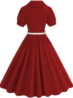 Clearance Retro Stage 1950s Solid Lapel Belt Dress Red