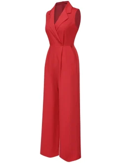 New Retro Stage 1930s Solid Lapel Wide Leg Jumpsuit Red