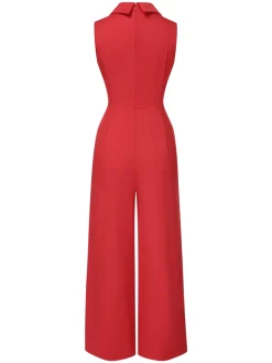 New Retro Stage 1930s Solid Lapel Wide Leg Jumpsuit Red
