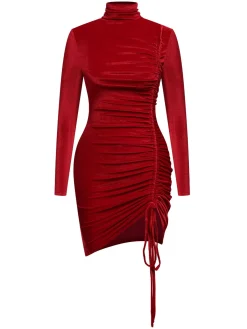 Online Retro Stage 1970s Solid Long Sleeves Velvet Dress Red