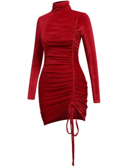 Online Retro Stage 1970s Solid Long Sleeves Velvet Dress Red