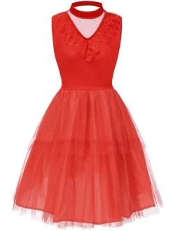 New Retro Stage 1950s Solid Mesh Bow Translucent V-Neck Dress Red