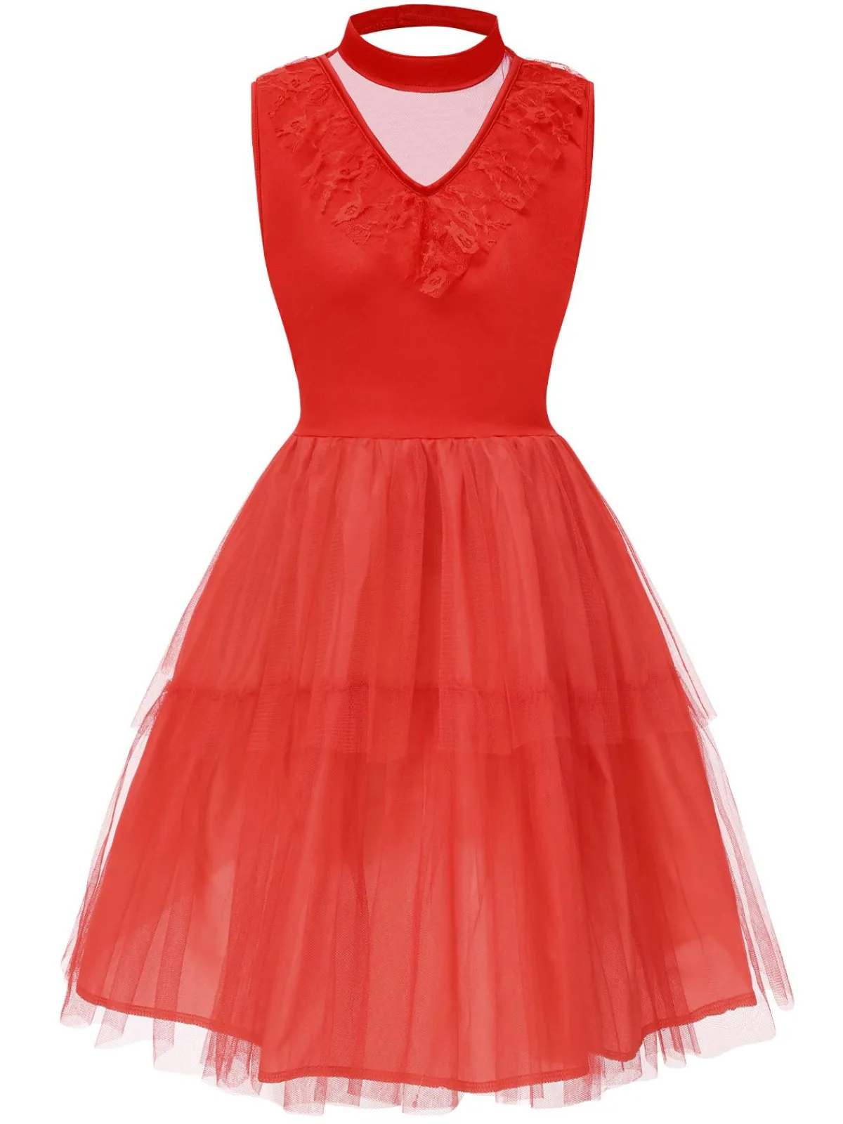New Retro Stage 1950s Solid Mesh Bow Translucent V-Neck Dress Red