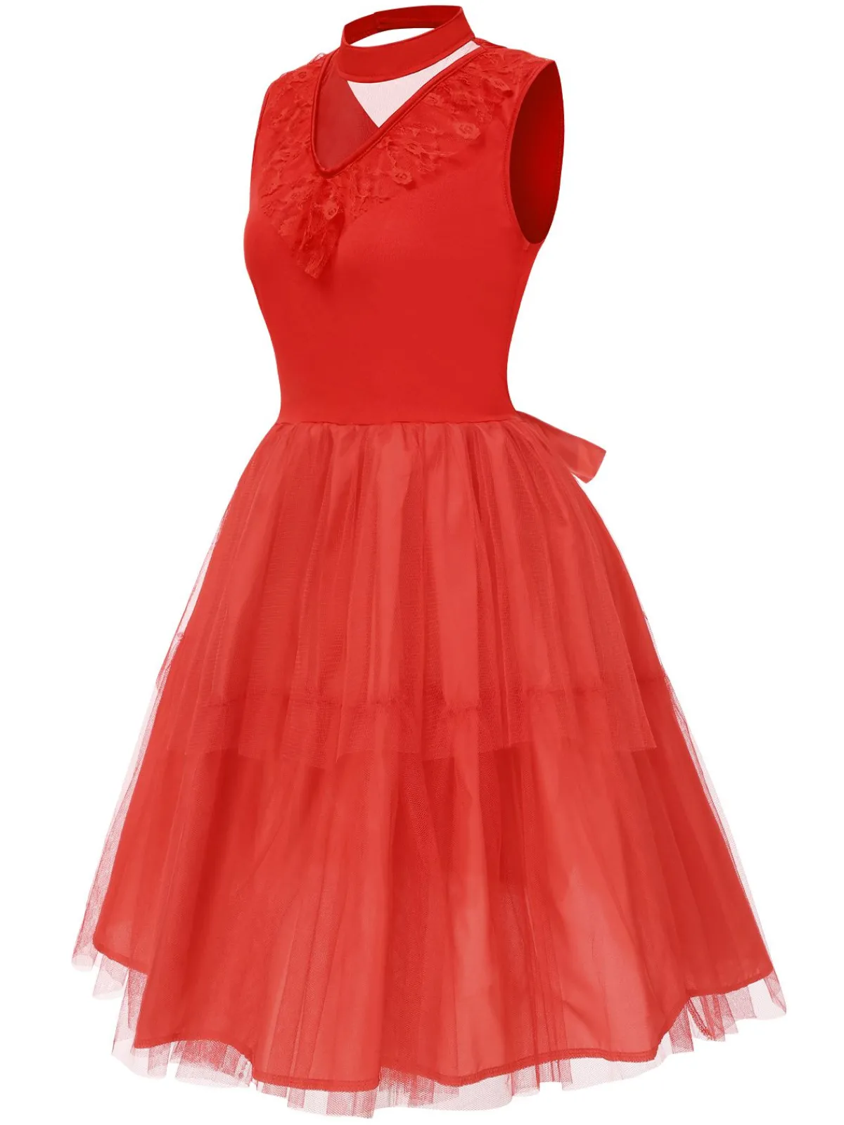 New Retro Stage 1950s Solid Mesh Bow Translucent V-Neck Dress Red