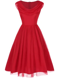 New Retro Stage 1950s Solid Mesh Laye Cowl Neck Dress Red