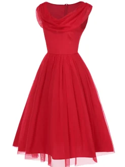 New Retro Stage 1950s Solid Mesh Laye Cowl Neck Dress Red