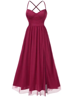 Sale Retro Stage 1930s Solid Mesh Spaghetti Straps Evening Dress Red