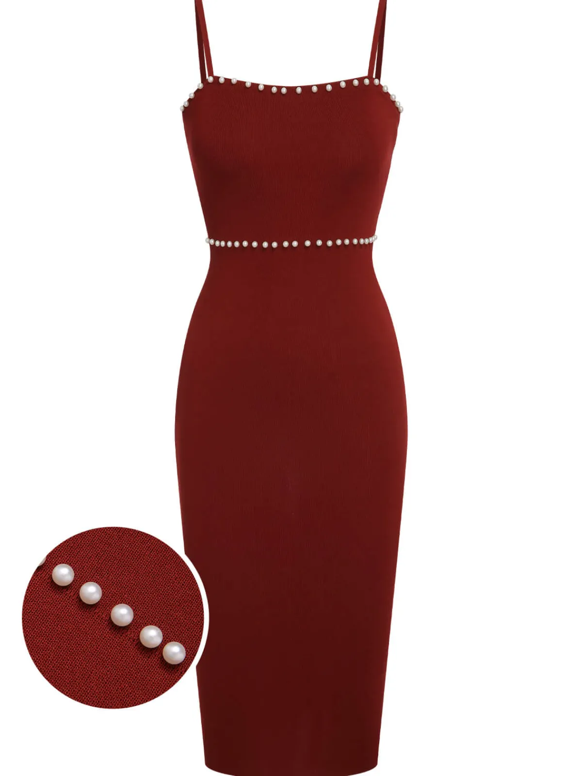 New Retro Stage Red 1960s Solid Pearl Knitted Sling Dress