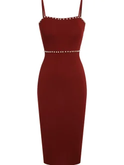 New Retro Stage Red 1960s Solid Pearl Knitted Sling Dress