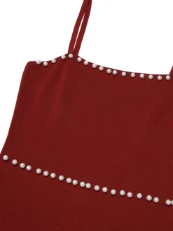New Retro Stage Red 1960s Solid Pearl Knitted Sling Dress