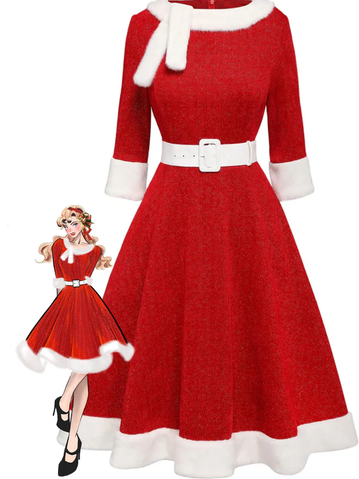 Online Retro Stage 1950s Solid Plush Christmas Dress Red