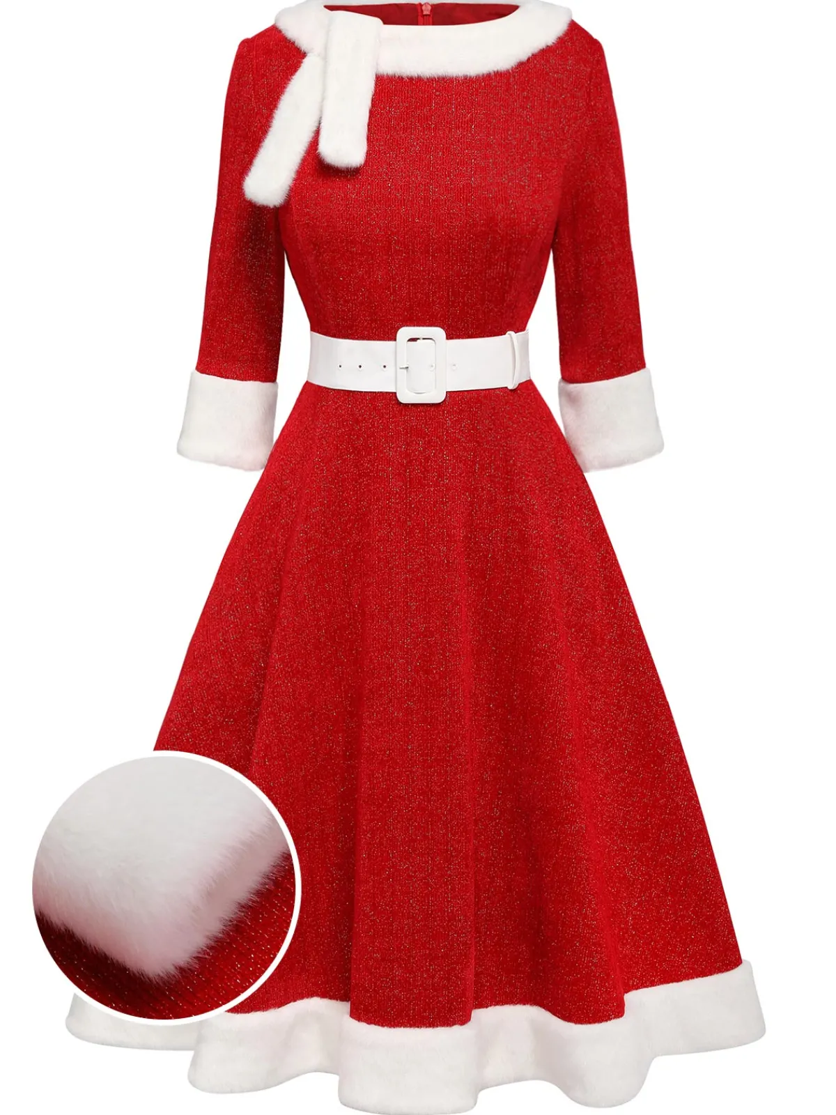 Online Retro Stage 1950s Solid Plush Christmas Dress Red