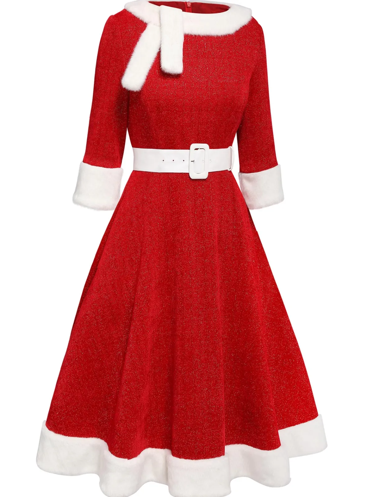 Online Retro Stage 1950s Solid Plush Christmas Dress Red