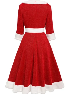 Online Retro Stage 1950s Solid Plush Christmas Dress Red