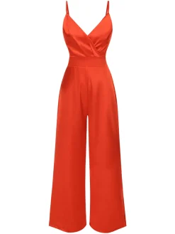 New Retro Stage 1940s Solid Satin V-Neck Spaghetti Straps Jumpsuit Red