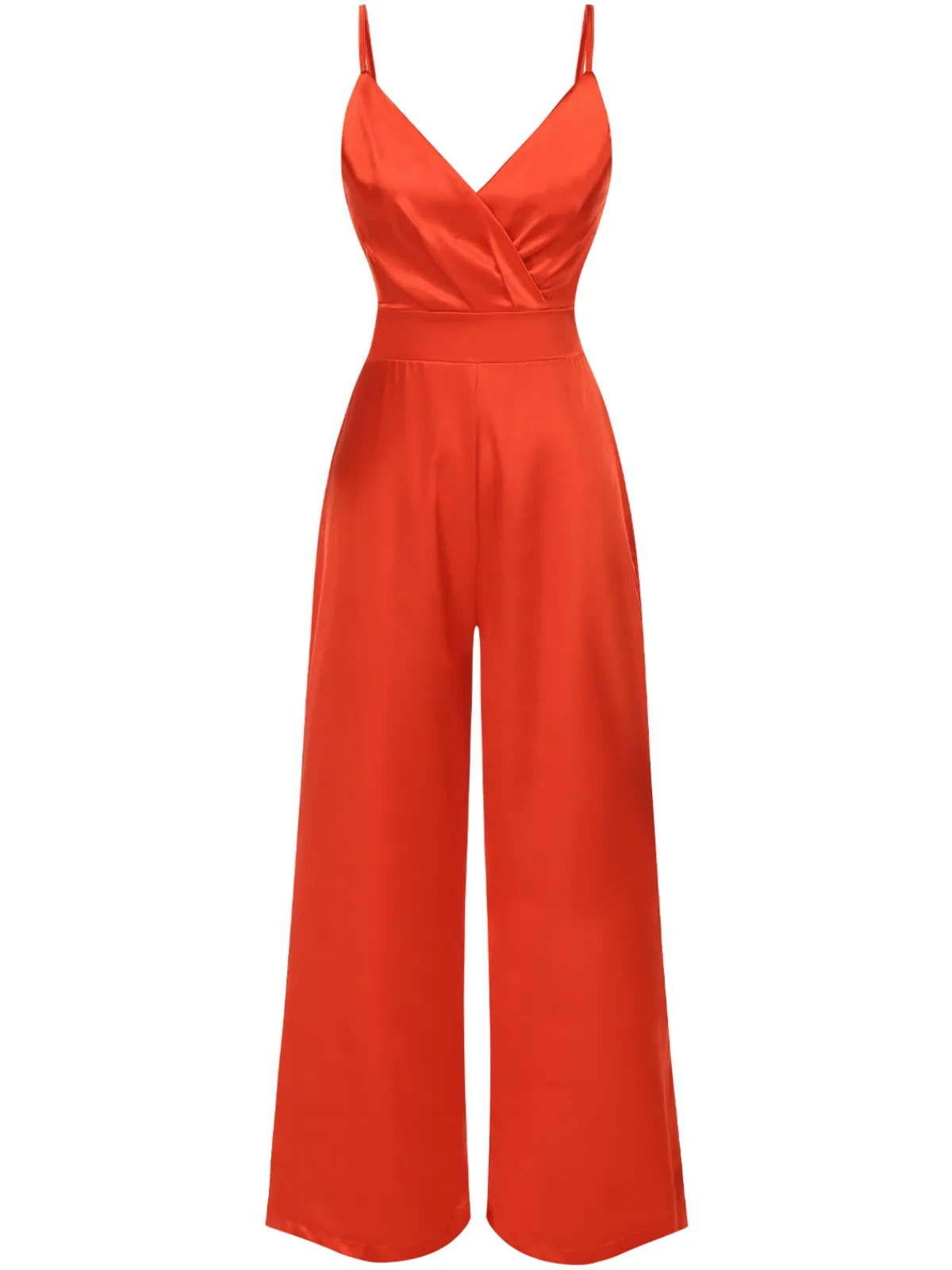 New Retro Stage 1940s Solid Satin V-Neck Spaghetti Straps Jumpsuit Red