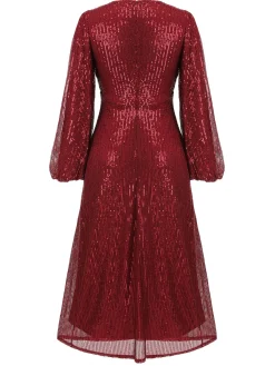 Fashion Retro Stage 1930s Solid Sequined V-Neck Shift Dress Red