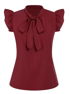 New Retro Stage Red 1940s Solid Tie-Neck Ruffle Sleeve Blouse Wine Red