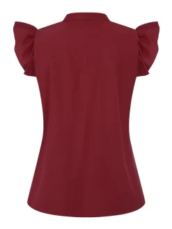 New Retro Stage Red 1940s Solid Tie-Neck Ruffle Sleeve Blouse Wine Red