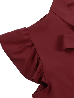 New Retro Stage Red 1940s Solid Tie-Neck Ruffle Sleeve Blouse Wine Red
