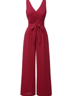 Outlet Retro Stage Red 1930s Solid Wasit Tie V-Neck Jumpsuit Wine Red