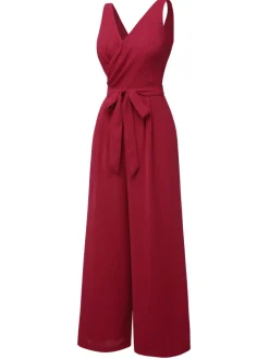 Outlet Retro Stage Red 1930s Solid Wasit Tie V-Neck Jumpsuit Wine Red