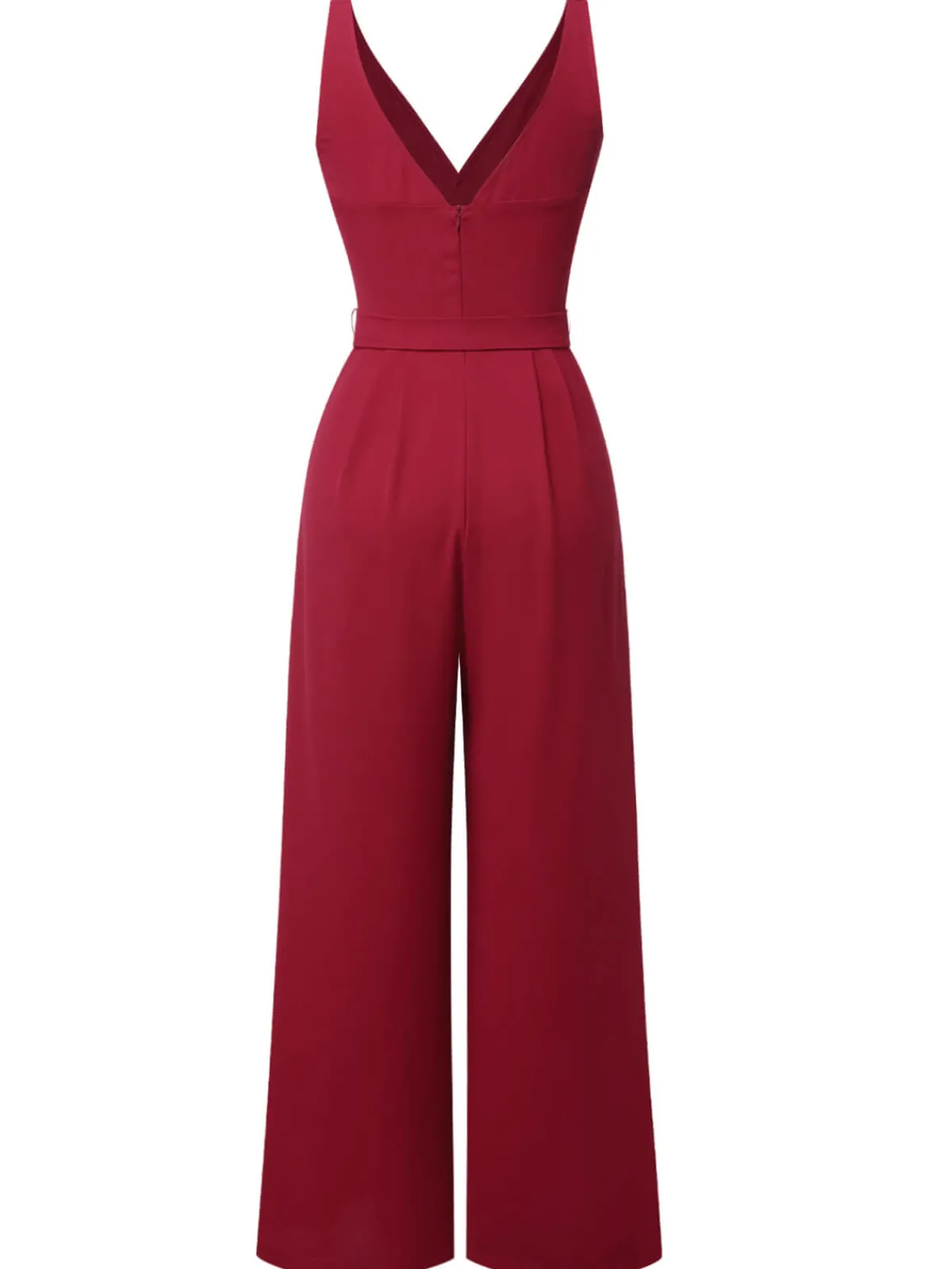 Outlet Retro Stage Red 1930s Solid Wasit Tie V-Neck Jumpsuit Wine Red