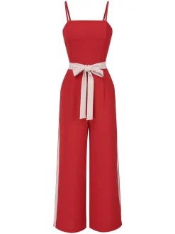 Outlet Retro Stage 1970s Spaghetti Strap Belted Stripe Jumpsuit Red