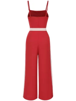 Outlet Retro Stage 1970s Spaghetti Strap Belted Stripe Jumpsuit Red