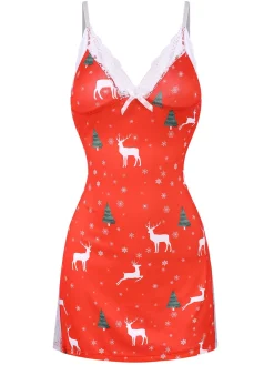 Clearance Retro Stage 1970s Spaghetti Strap Christmas Print Nightgown Red