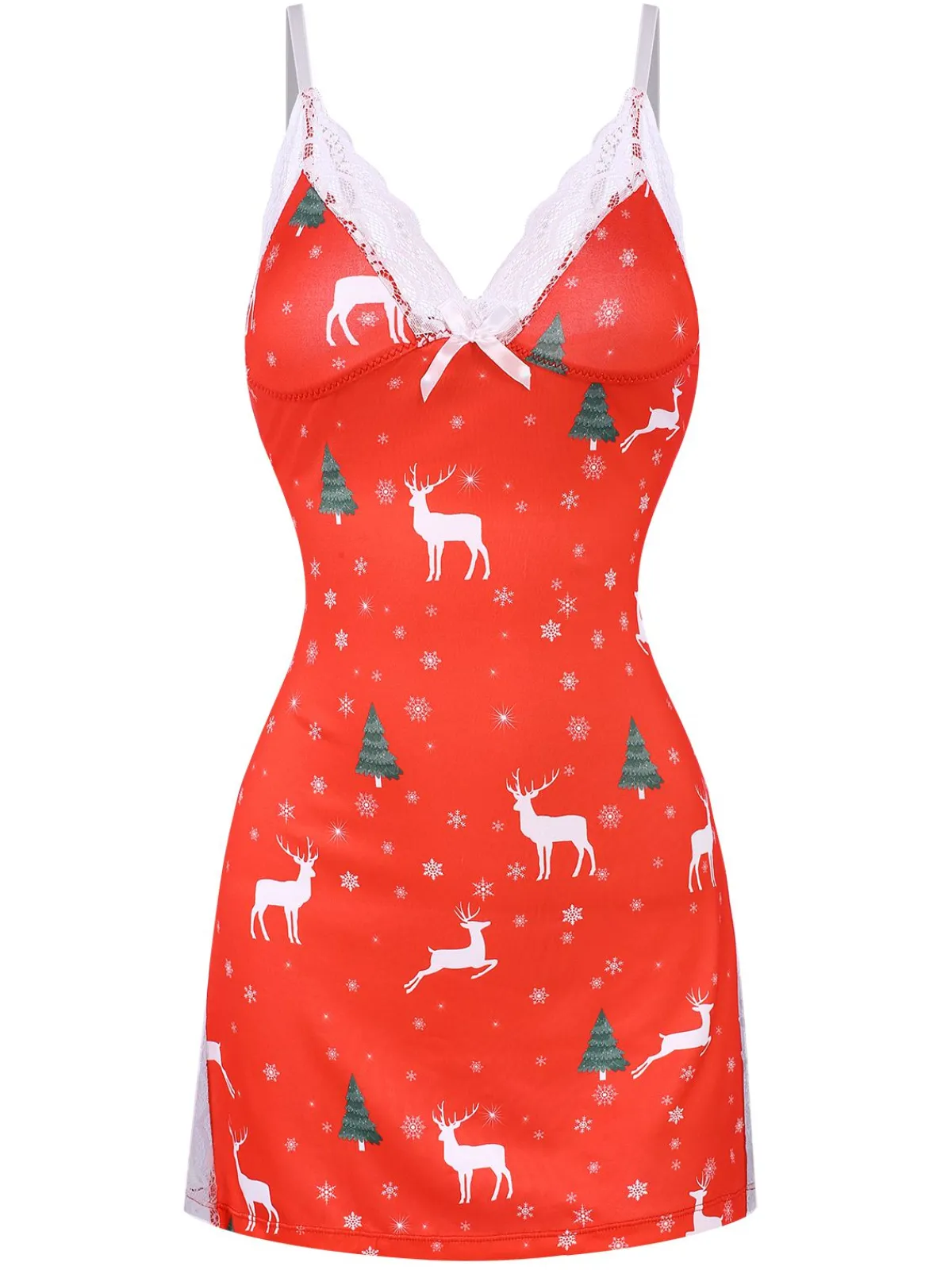 Clearance Retro Stage 1970s Spaghetti Strap Christmas Print Nightgown Red