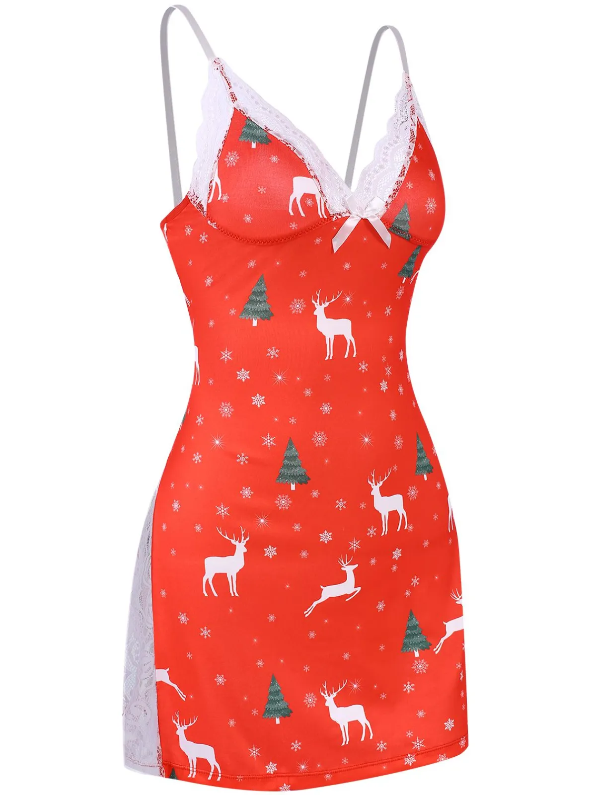 Clearance Retro Stage 1970s Spaghetti Strap Christmas Print Nightgown Red