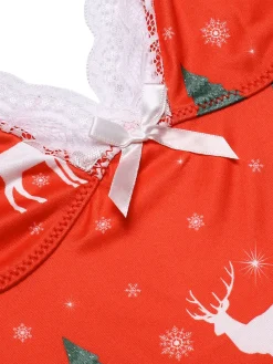 Clearance Retro Stage 1970s Spaghetti Strap Christmas Print Nightgown Red