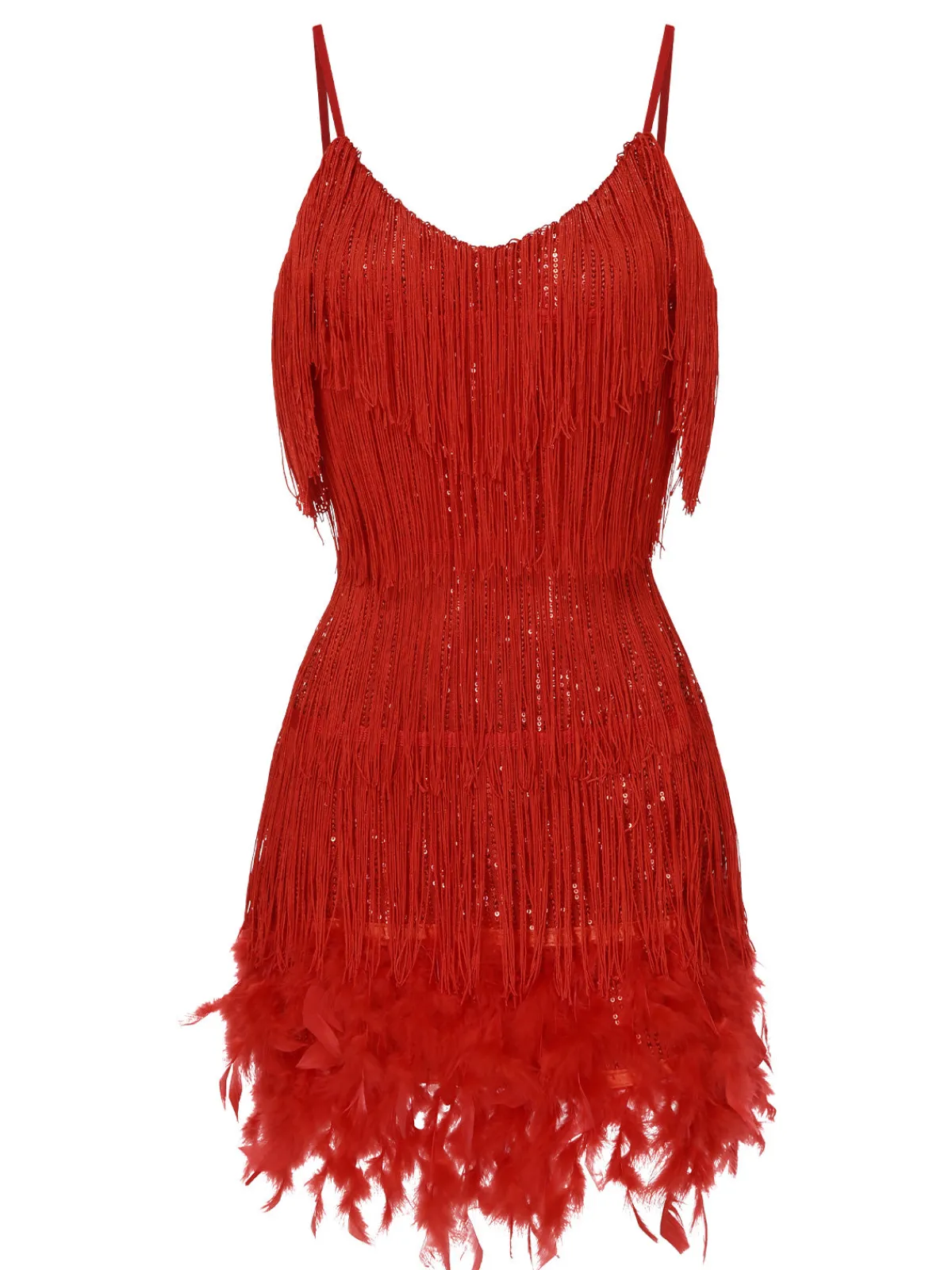 Discount Retro Stage 1920s Spaghetti Strap Feather Fringe Dress Red