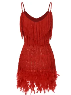 Discount Retro Stage 1920s Spaghetti Strap Feather Fringe Dress Red