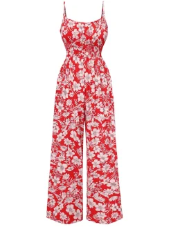 Best Retro Stage 1930s Spaghetti Strap Floral Wide-Leg Jumpsuit Red