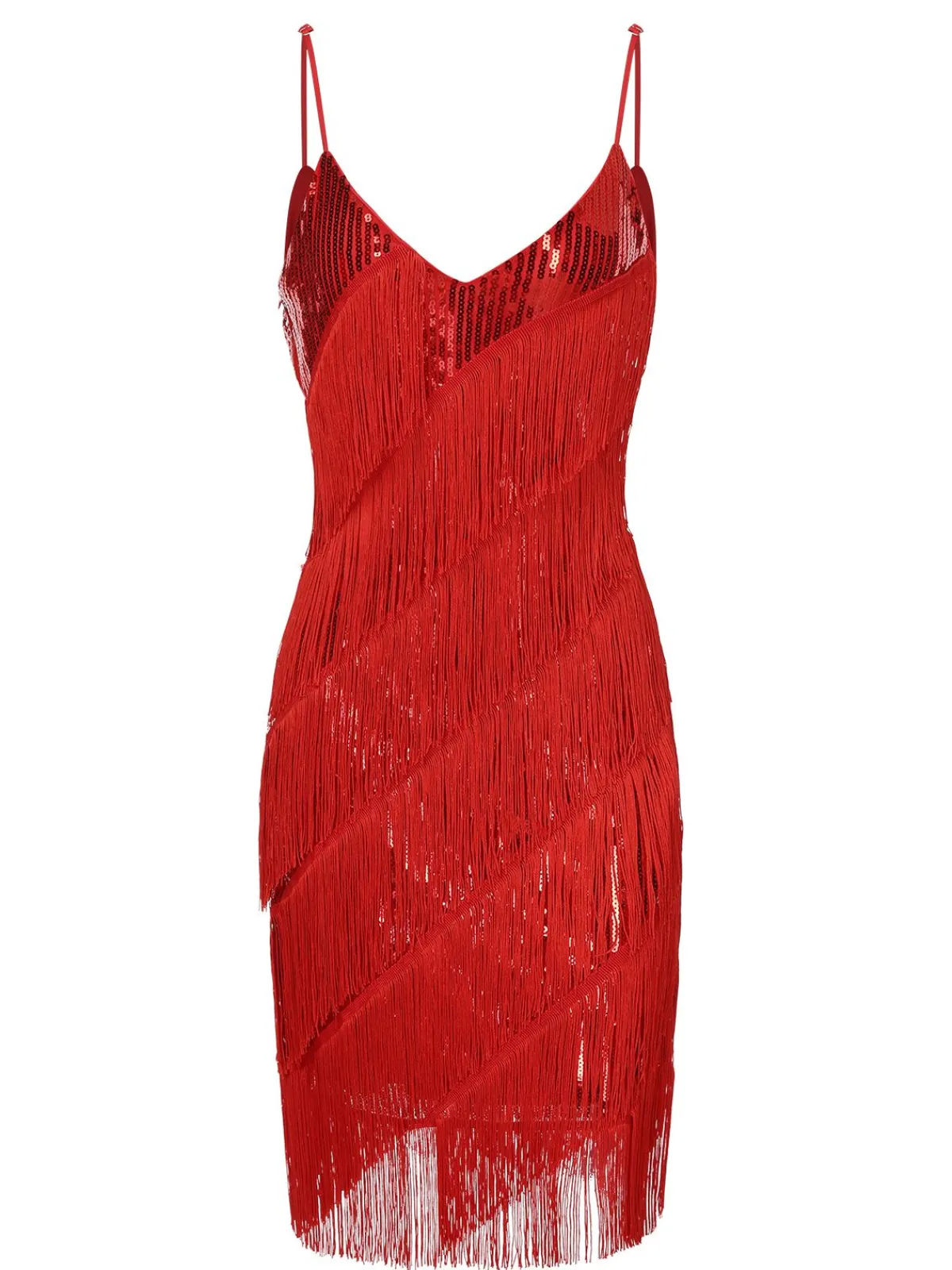 Best Retro Stage 1920s Spaghetti Strap Sequin Fringe Dress Red