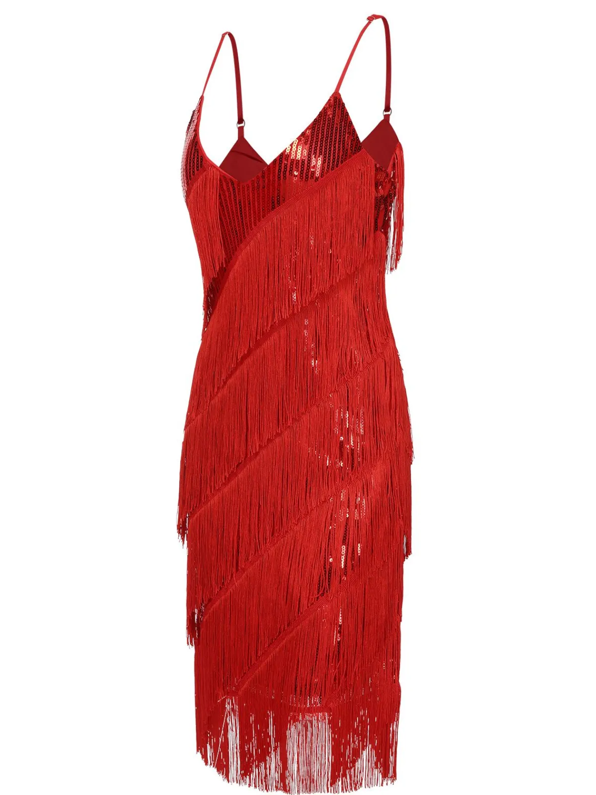 Best Retro Stage 1920s Spaghetti Strap Sequin Fringe Dress Red