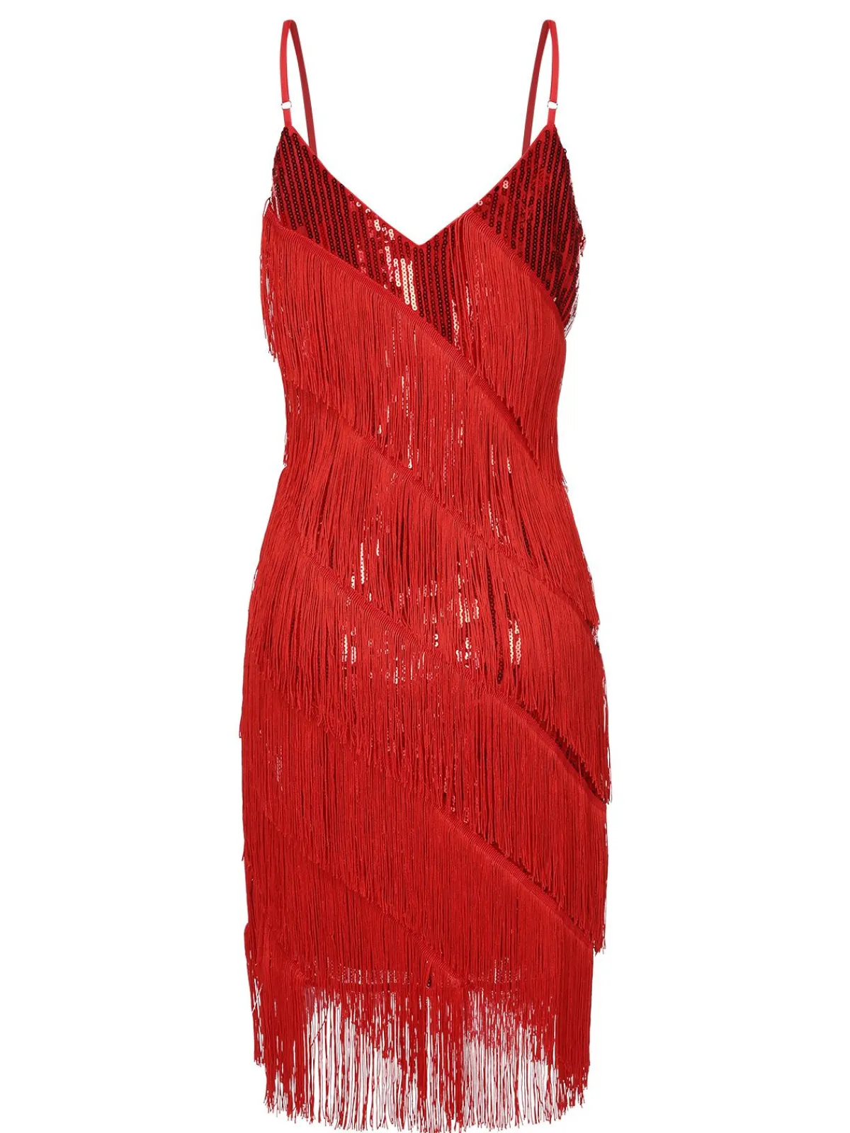 Best Retro Stage 1920s Spaghetti Strap Sequin Fringe Dress Red