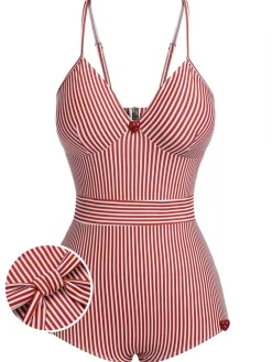 Hot Retro Stage 1940s Spaghetti Strap Stripes One-Piece Swimsuit Red