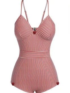 Hot Retro Stage 1940s Spaghetti Strap Stripes One-Piece Swimsuit Red