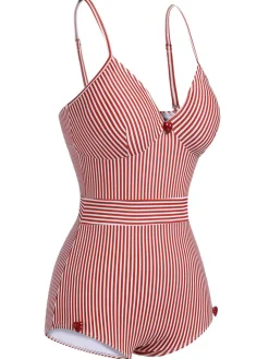 Hot Retro Stage 1940s Spaghetti Strap Stripes One-Piece Swimsuit Red