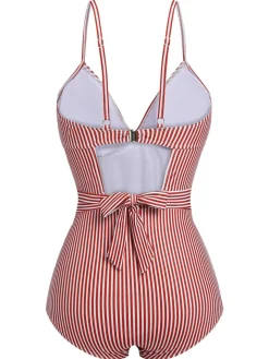 Hot Retro Stage 1940s Spaghetti Strap Stripes One-Piece Swimsuit Red