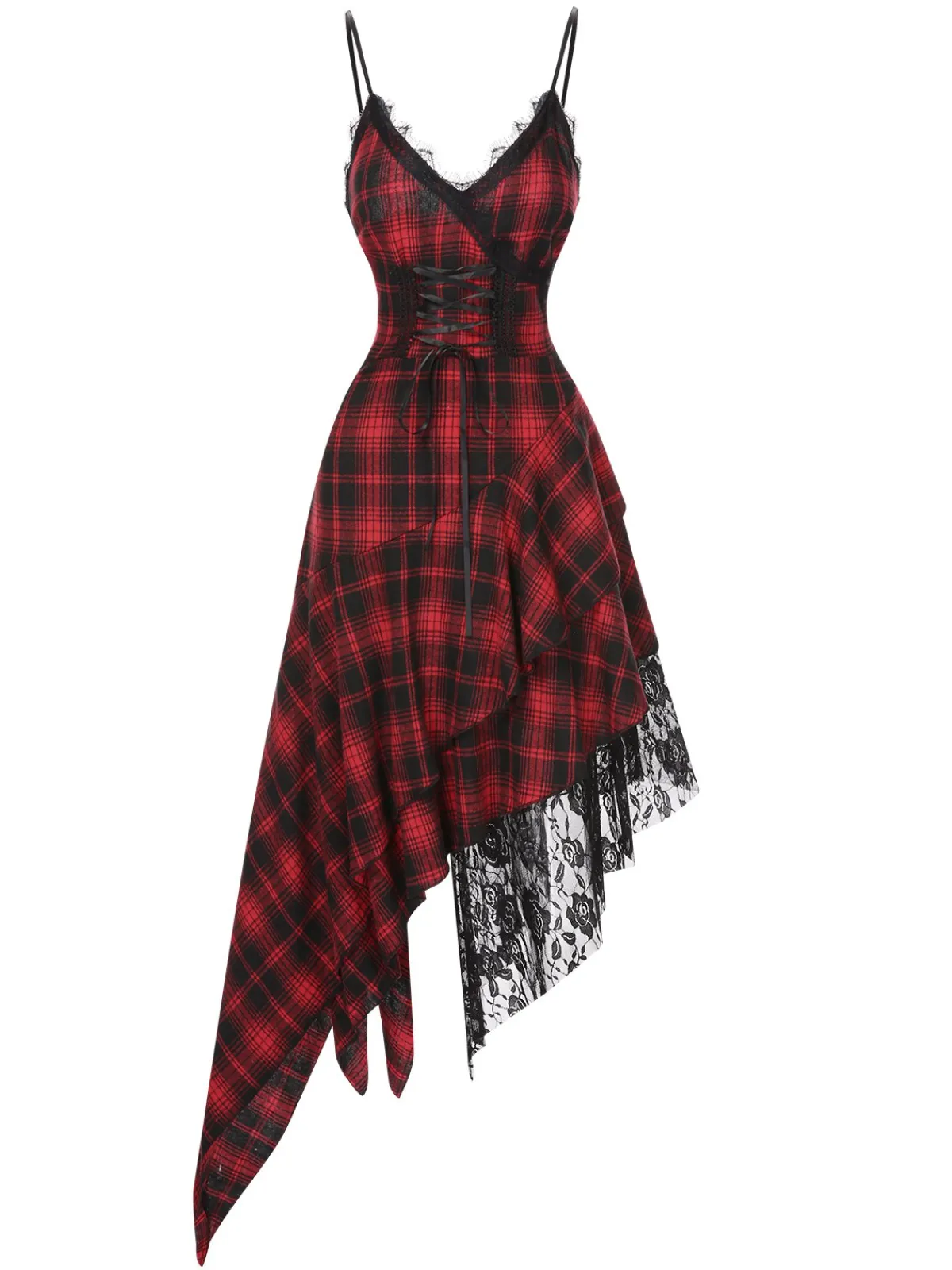 Outlet Retro Stage 1950s Spaghetti Straps Plaid Irregular Hem Dress Red