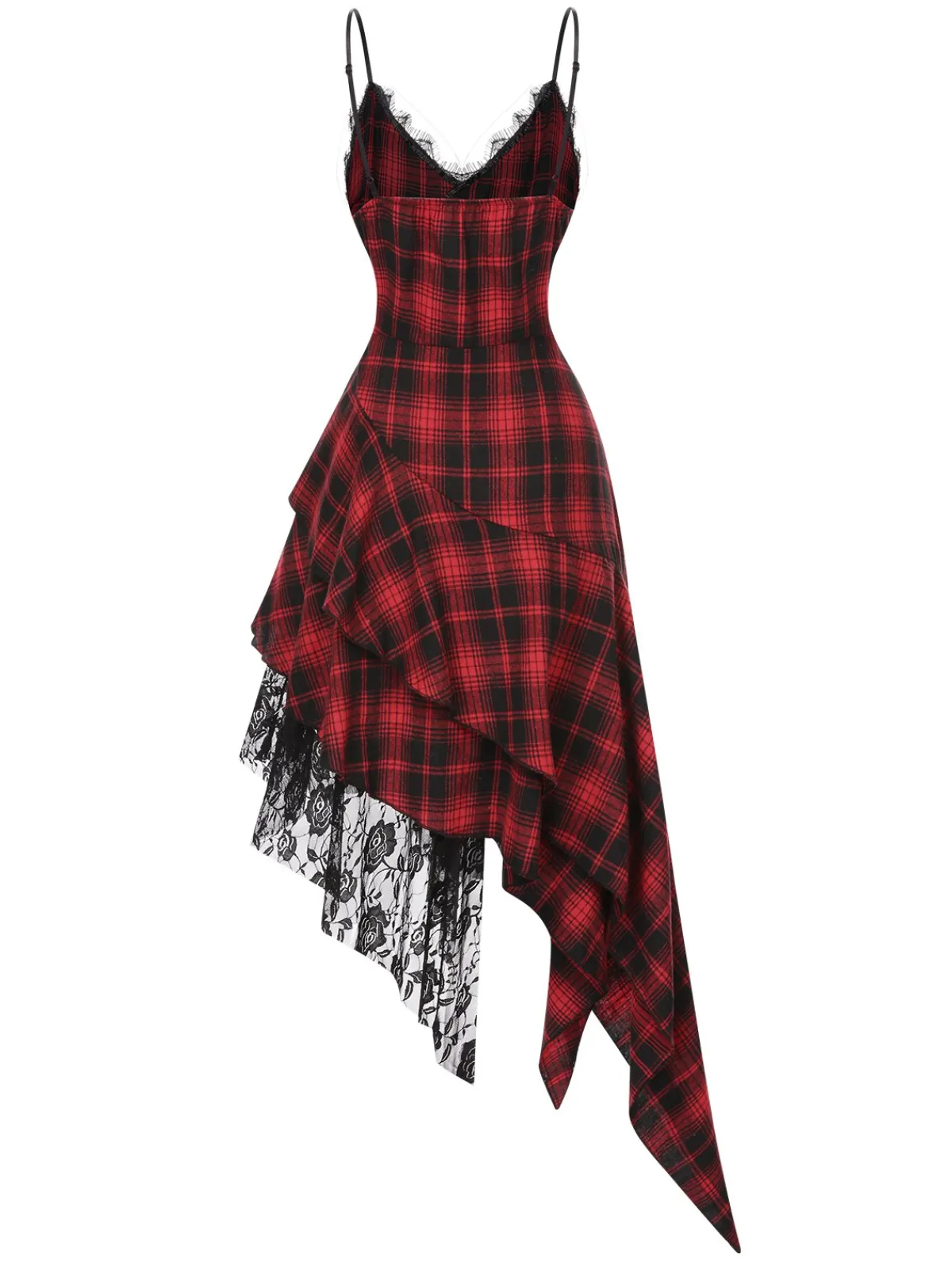 Outlet Retro Stage 1950s Spaghetti Straps Plaid Irregular Hem Dress Red