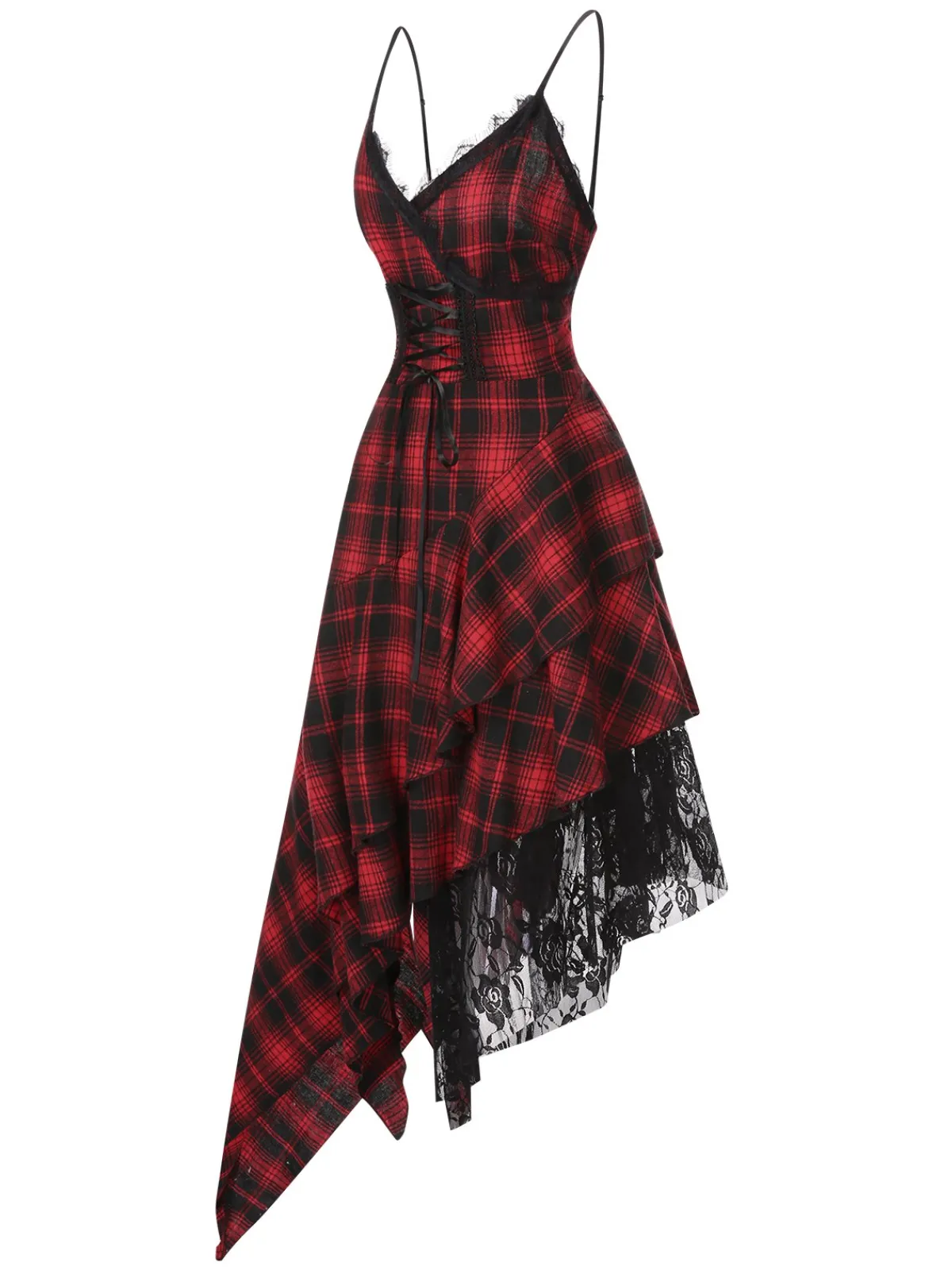 Outlet Retro Stage 1950s Spaghetti Straps Plaid Irregular Hem Dress Red