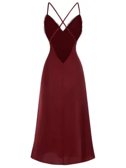 Fashion Retro Stage 1930s Spaghetti Straps Side-Slit Lace Nightgown Red