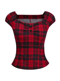 Hot Retro Stage 1950s Square Neck Plaid Tops Red