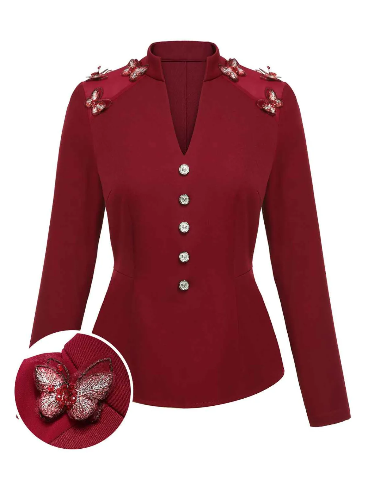 Sale Retro Stage 1940s Stand Collar Butterflies Blouse Red